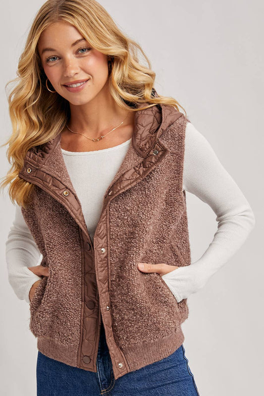 BUTTON DOWN SHERPA QUILTED HOOD VEST