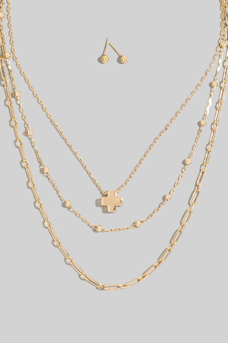 Cross Pendant Layered Chains Necklace Set: