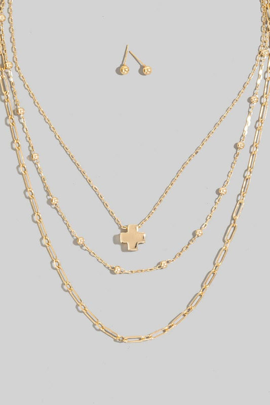 Cross Pendant Layered Chains Necklace Set:
