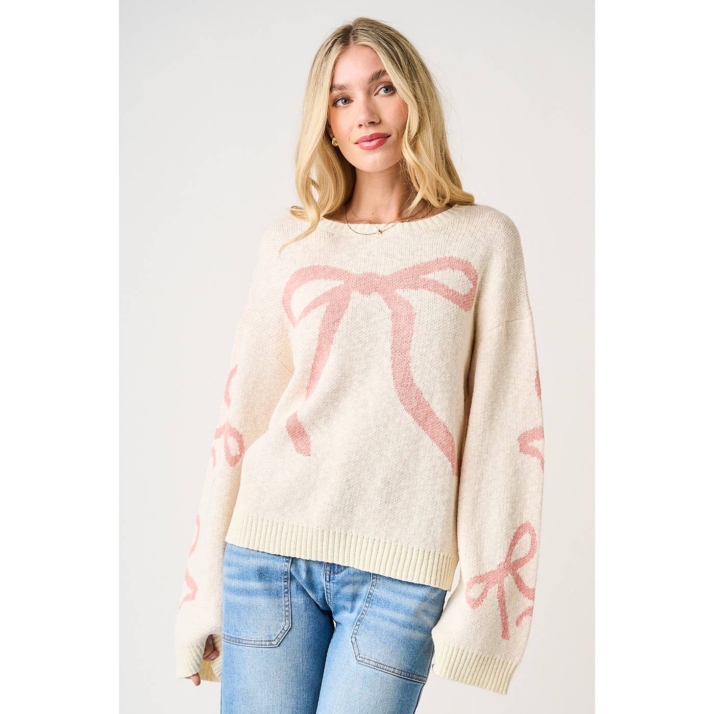 BOW WIDE SLEEVE KNIT SWEATER