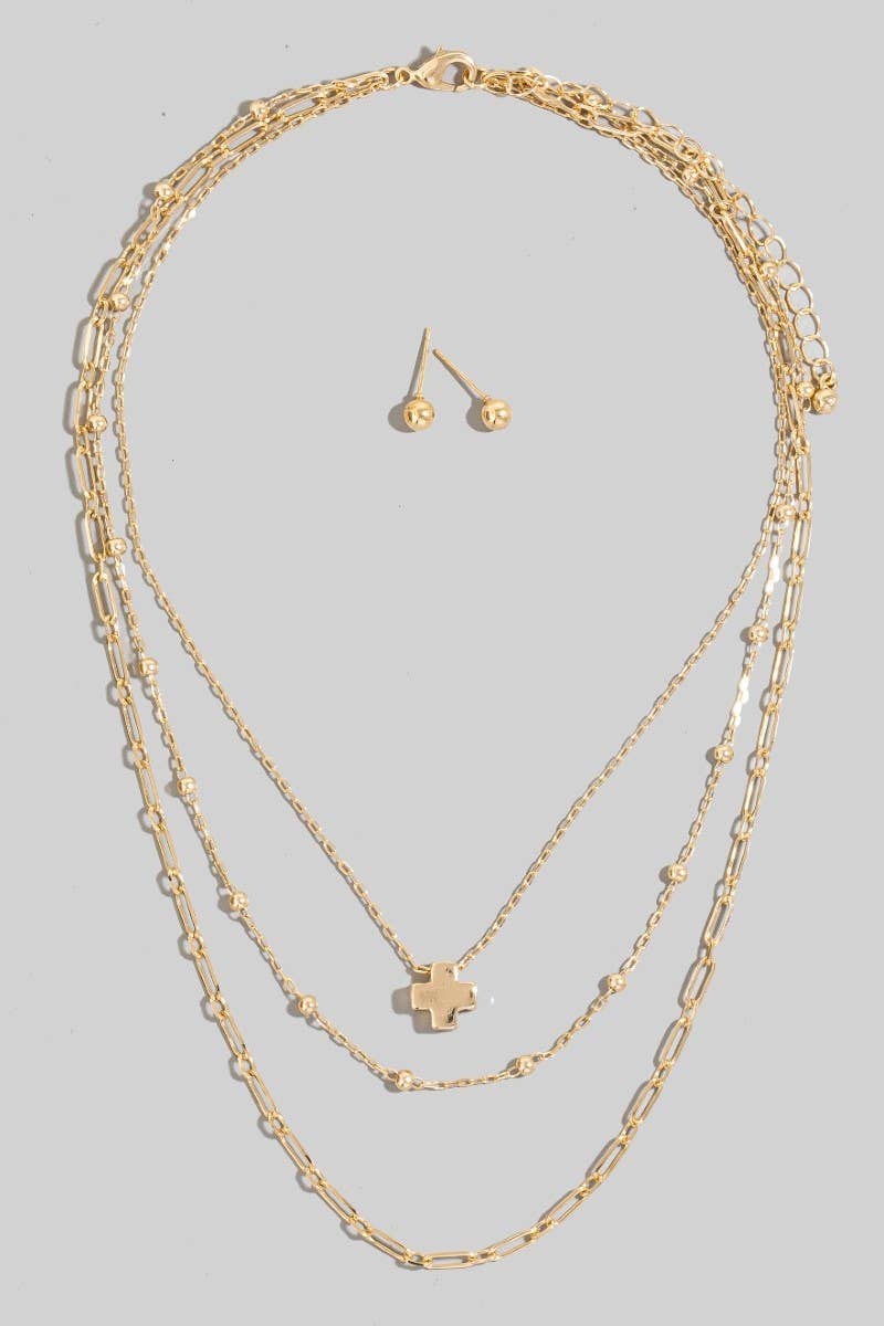 Cross Pendant Layered Chains Necklace Set: