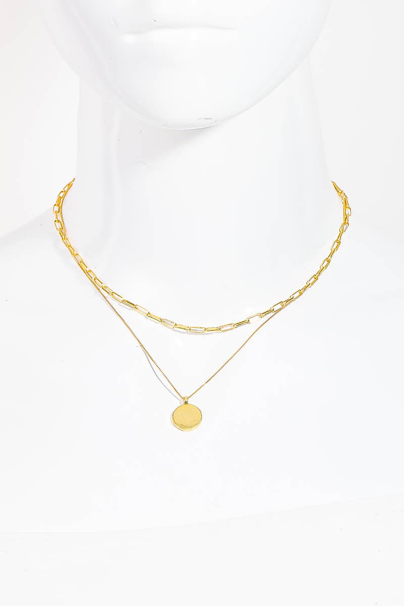 Gold Dipped Coin Pendant Layered Chain Link Necklace