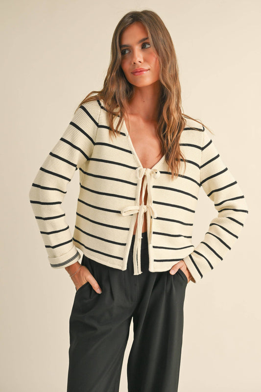 STRIPED TIED FRONT CARDIGAN
