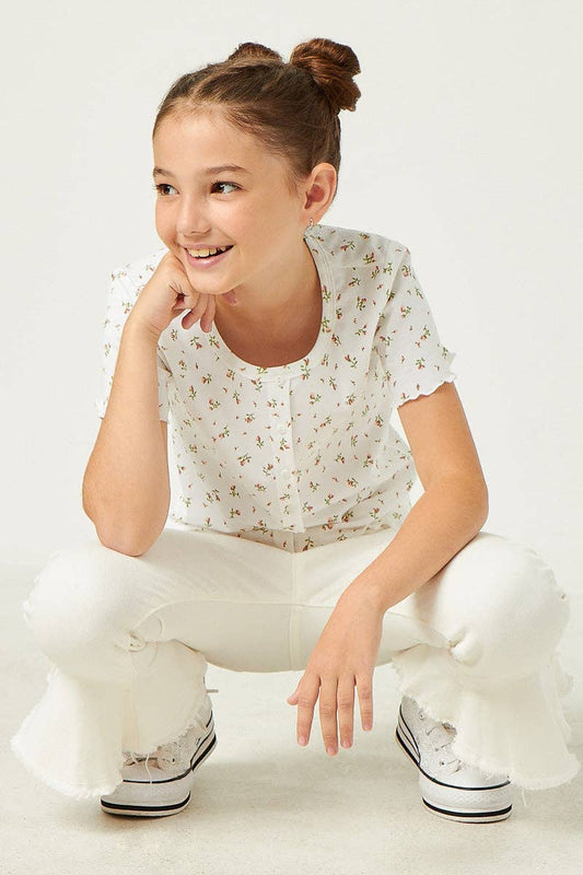 Girls Button Detail Ditsy Floral Knit T Shirt