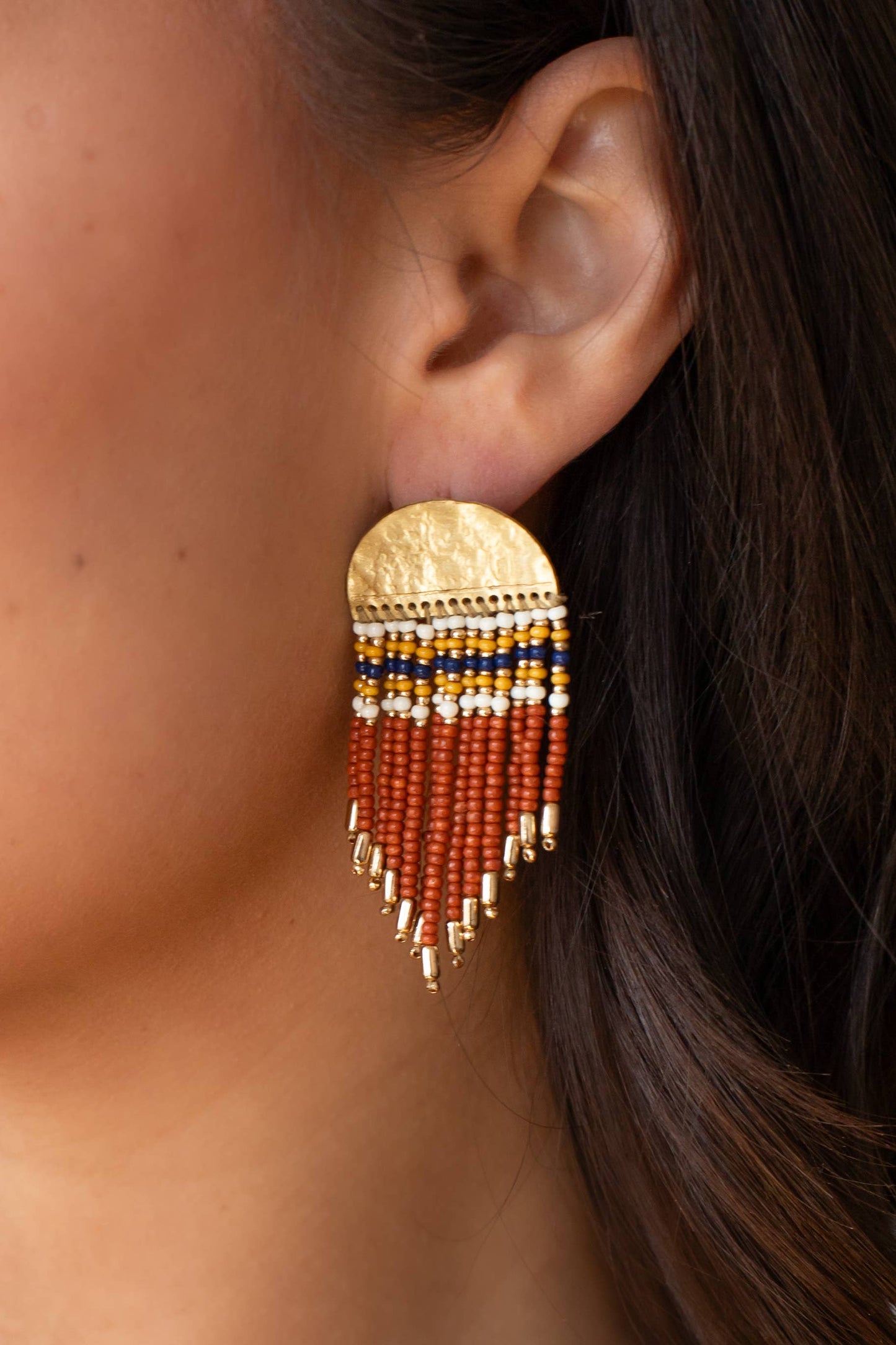Gold & Rust Beaded Fringe Earrings