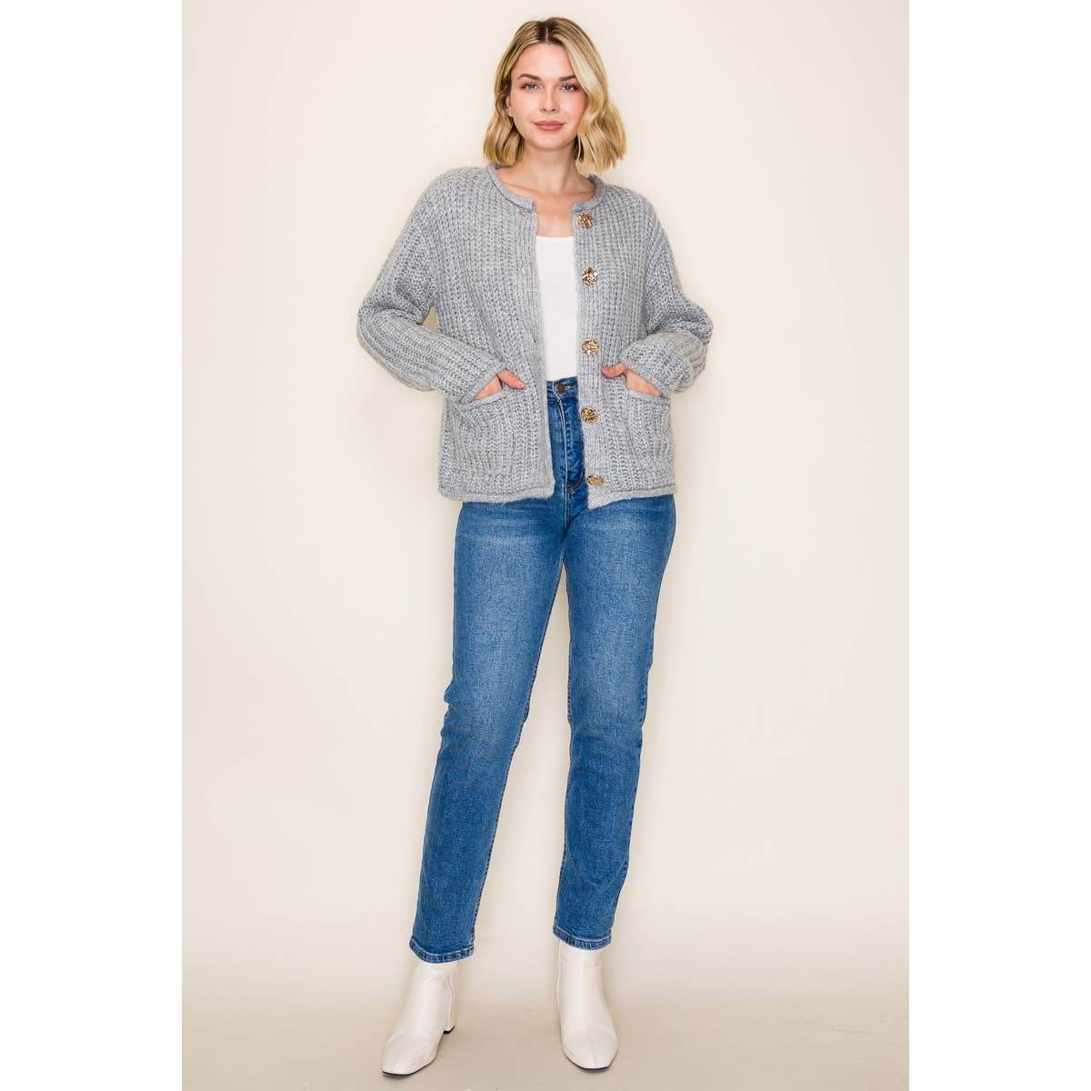 METAL BUTTON DOWN CHUNKY CARDIGAN