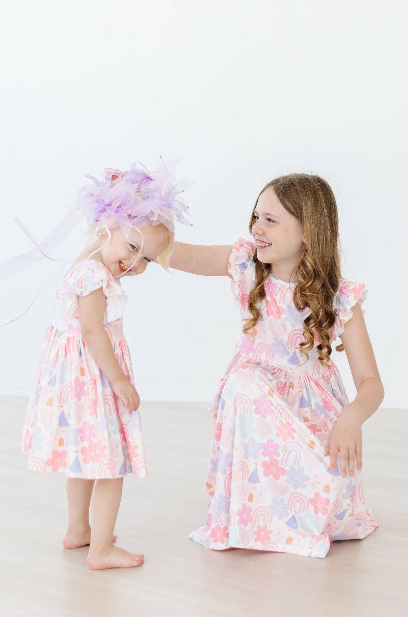 Castles & Rainbows Flutter Sleeve Twirl Dress: