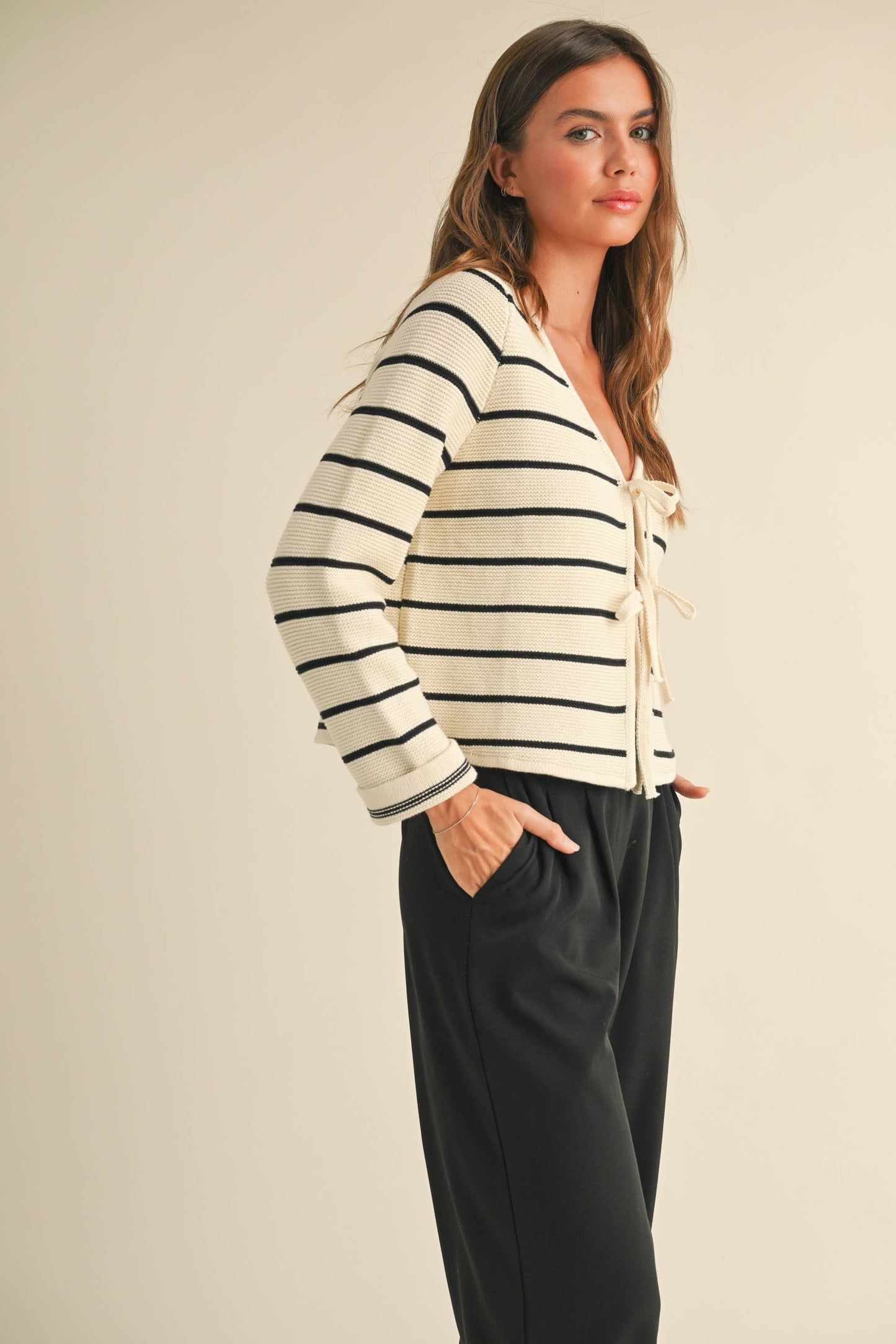 STRIPED TIED FRONT CARDIGAN