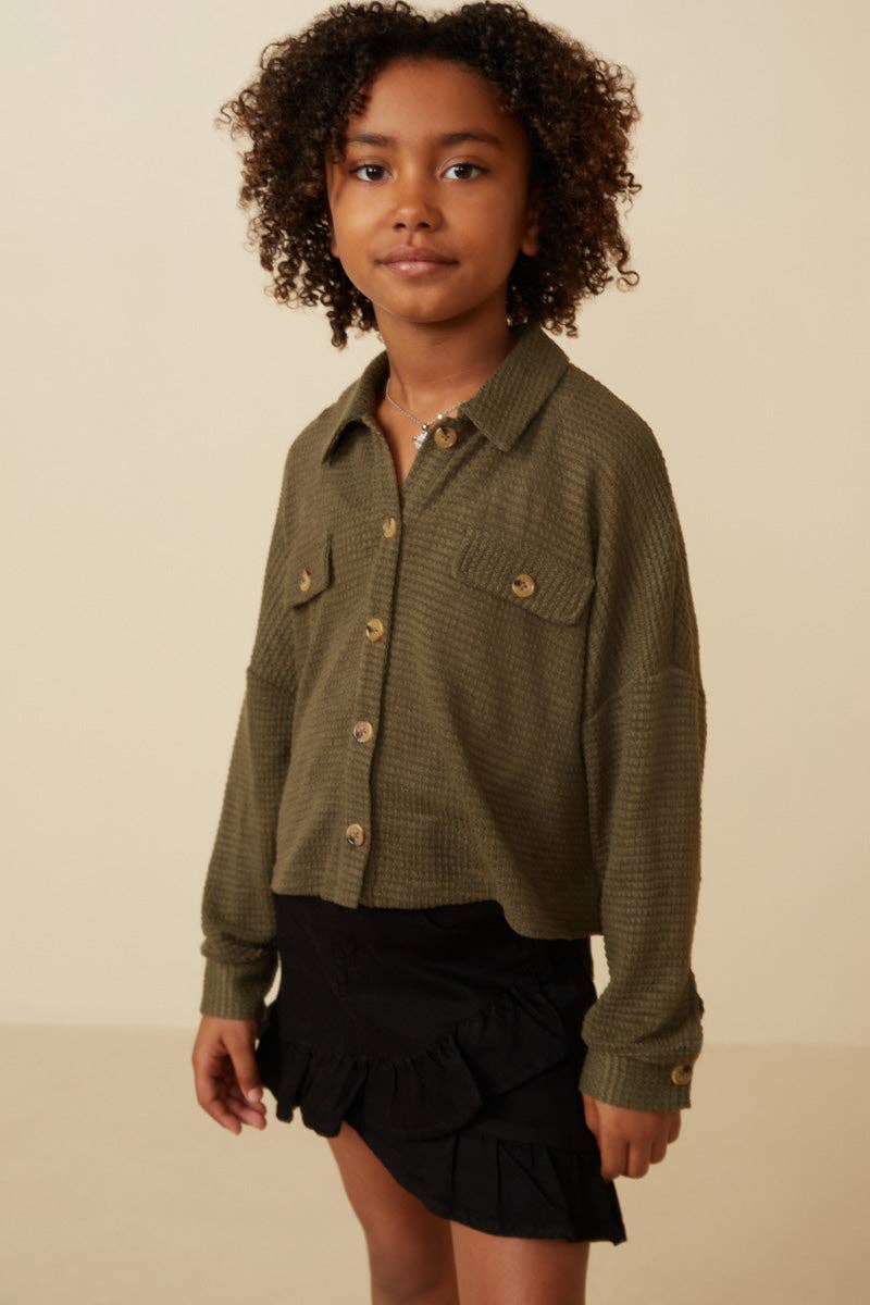 Girls Soft Waffle Knit Dolman Button Up Shirt
