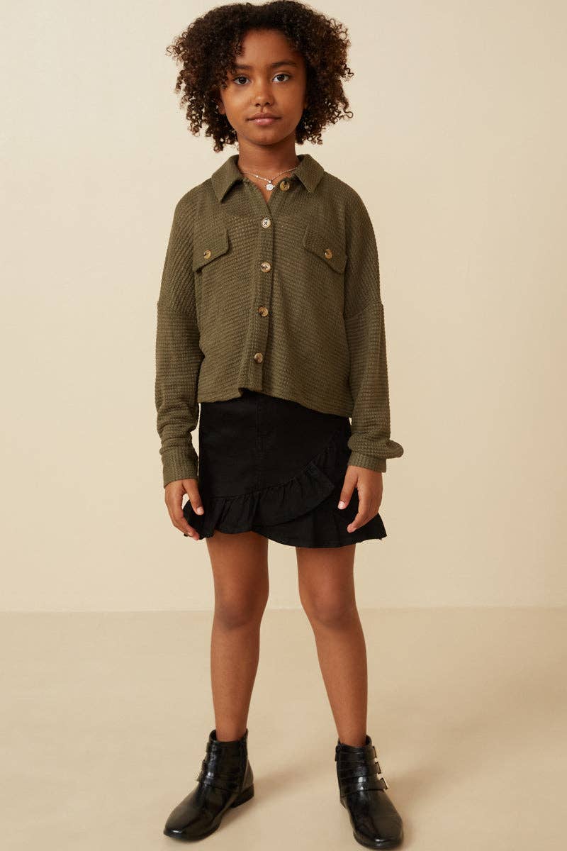 Girls Soft Waffle Knit Dolman Button Up Shirt
