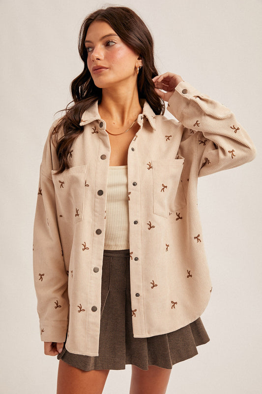 Bow Embroidery Corduroy Button Down Jacket
