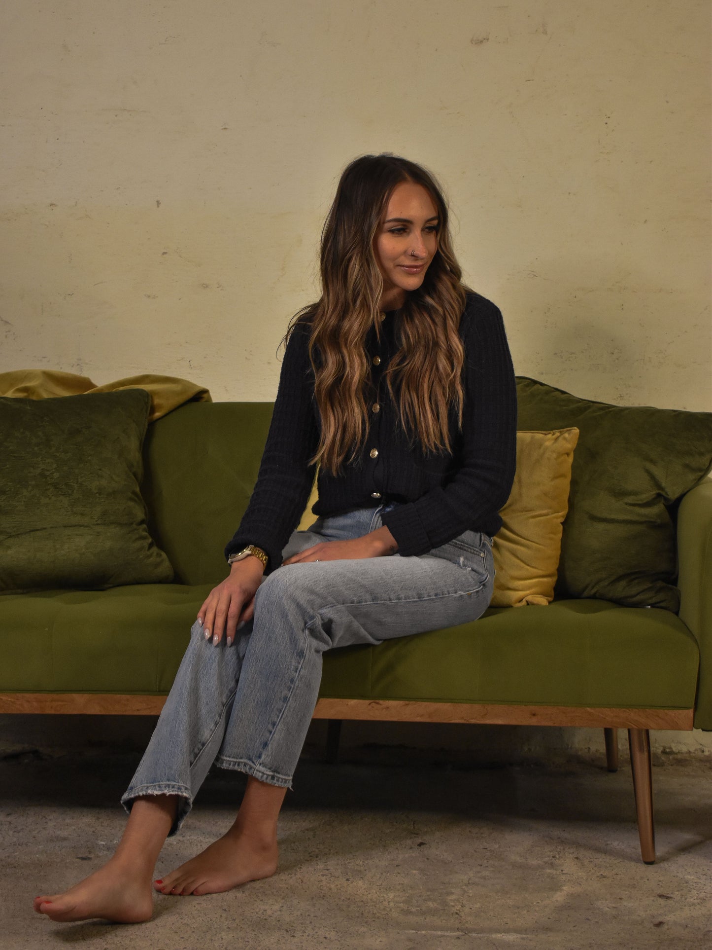 NAVY BUTTON DOWN TEXTURED KNIT CARDIGAN