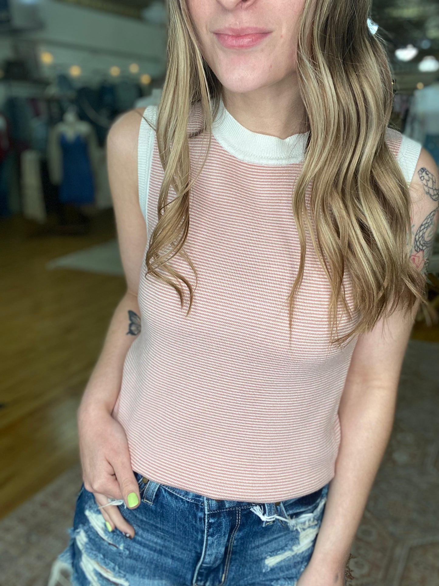 HIGHNECK PINSTRIPE KNIT SWEATER TANK