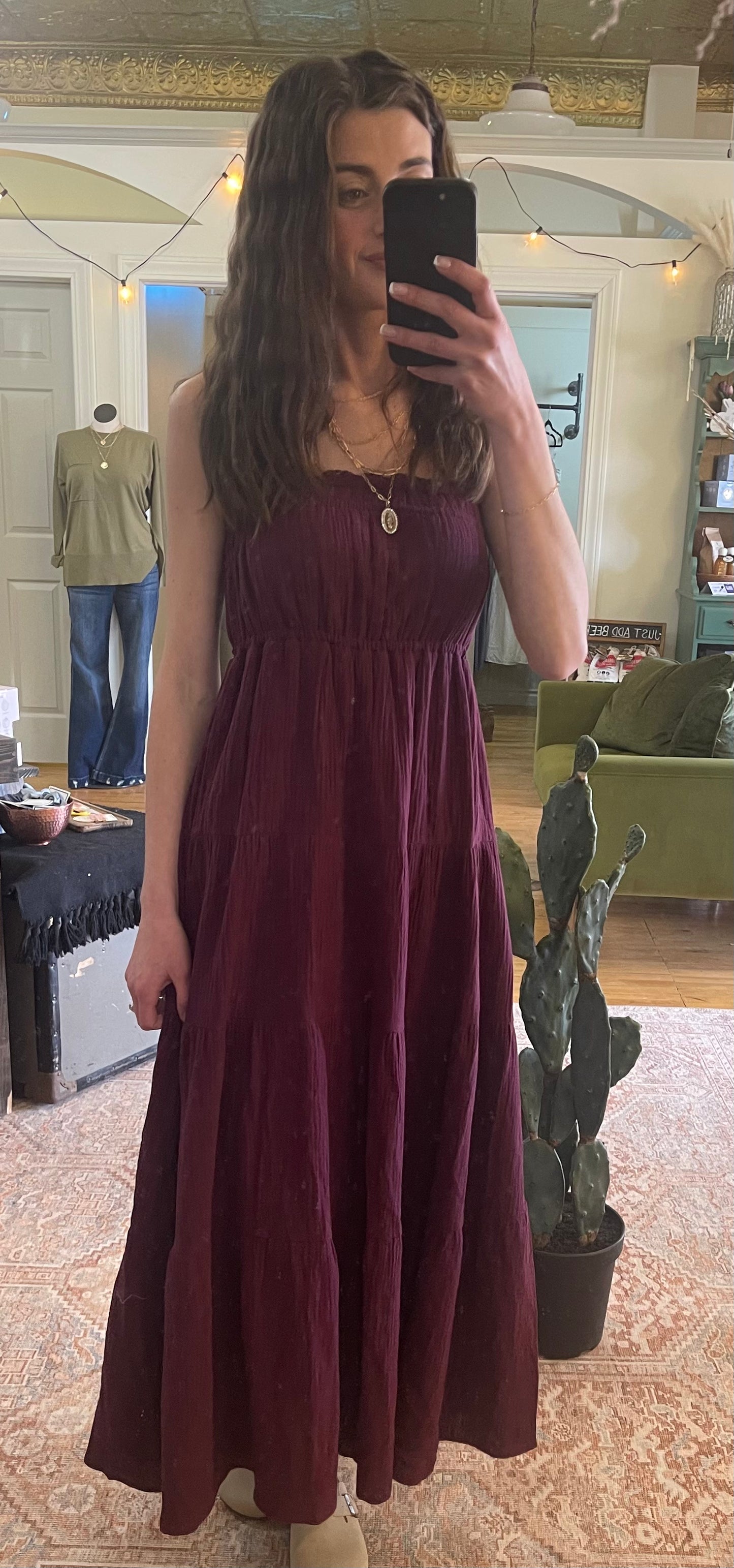 SMOCKED TIERED MAXI SUNDRESS: PLUM