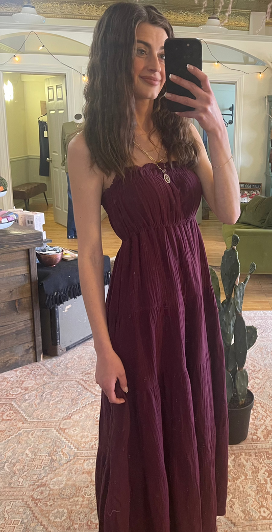 SMOCKED TIERED MAXI SUNDRESS: PLUM
