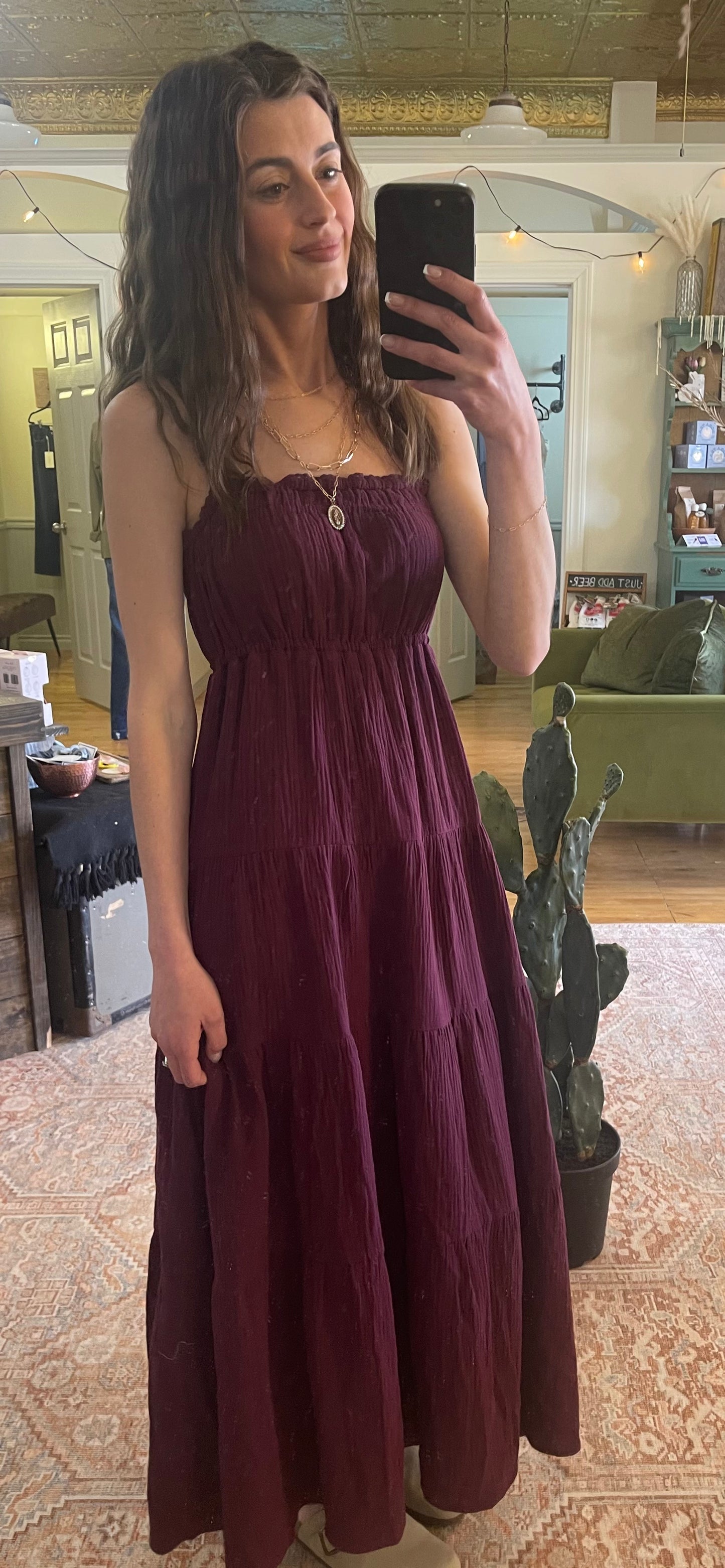 SMOCKED TIERED MAXI SUNDRESS: PLUM
