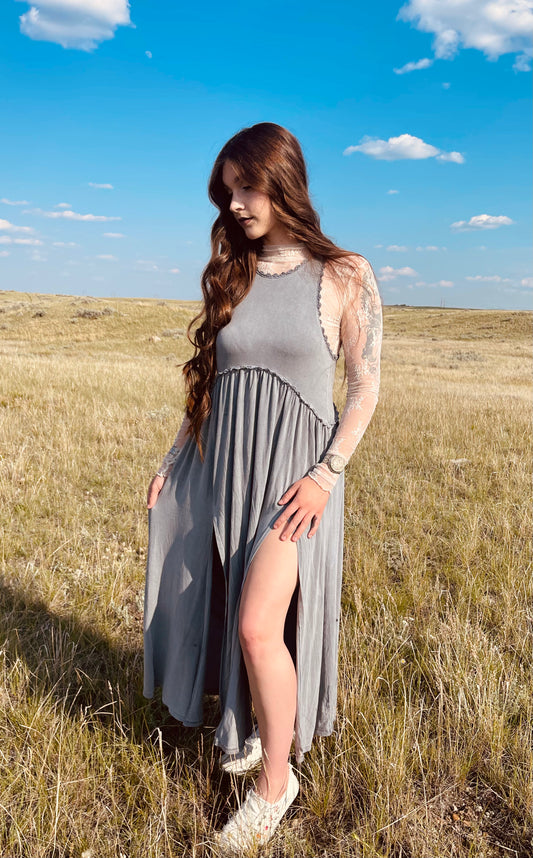 racerback front slit knit maxi dress: MIDNIGHT BLUE