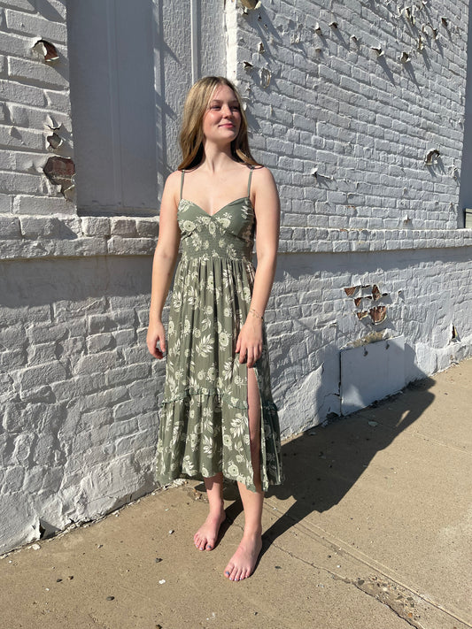 V NECK LACE UP BACK SIDE SLIT MAXI DRESS