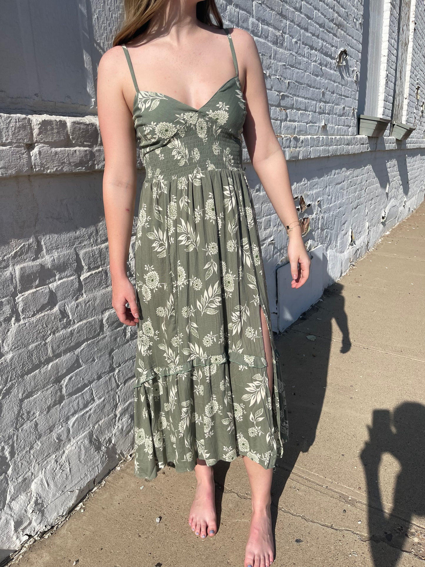 V NECK LACE UP BACK SIDE SLIT MAXI DRESS