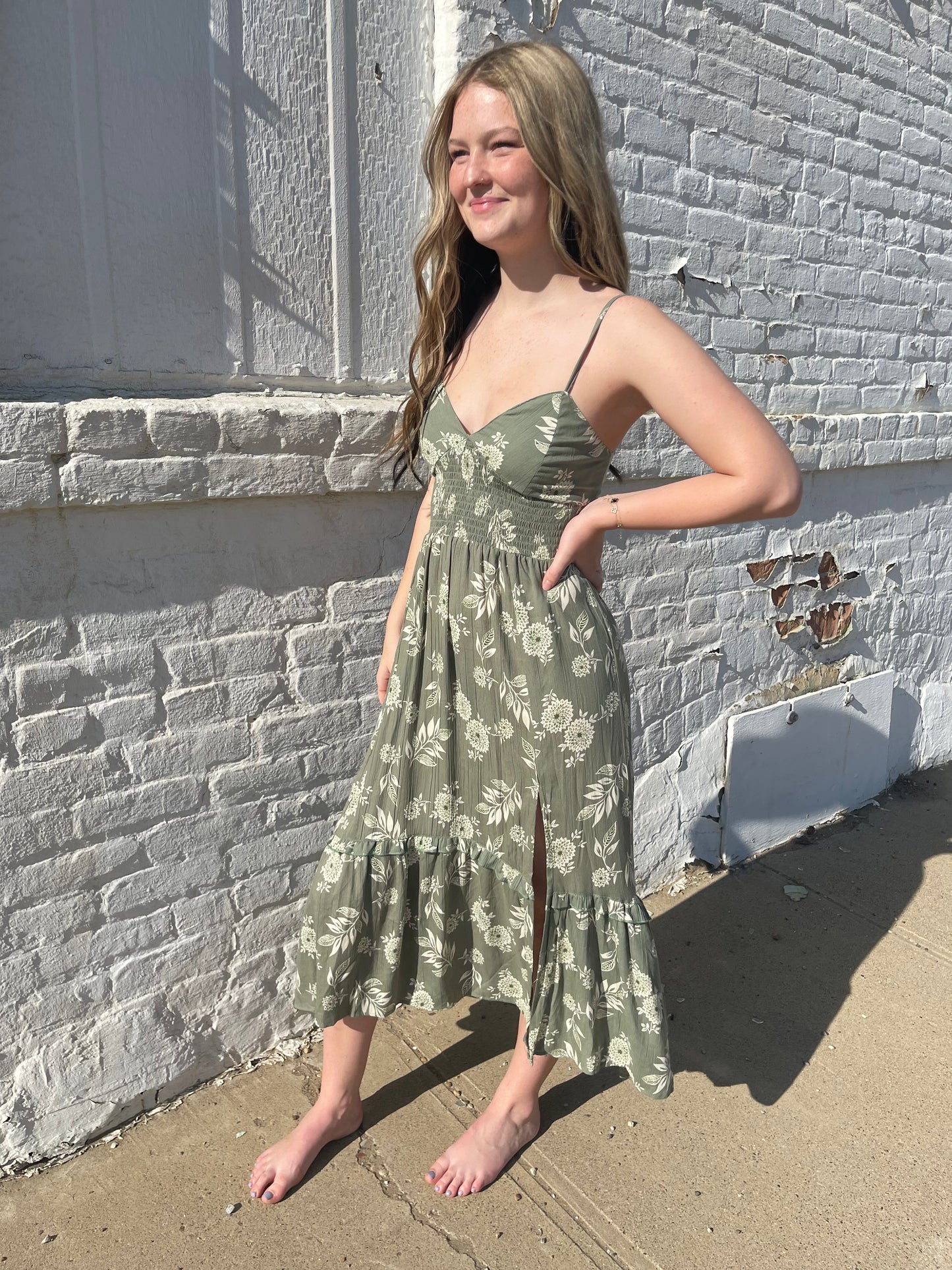 V NECK LACE UP BACK SIDE SLIT MAXI DRESS