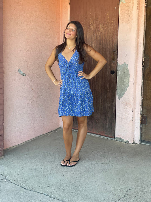 V NECK CRIS CROSS STRAPS DITSY PRINT SUNDRESS