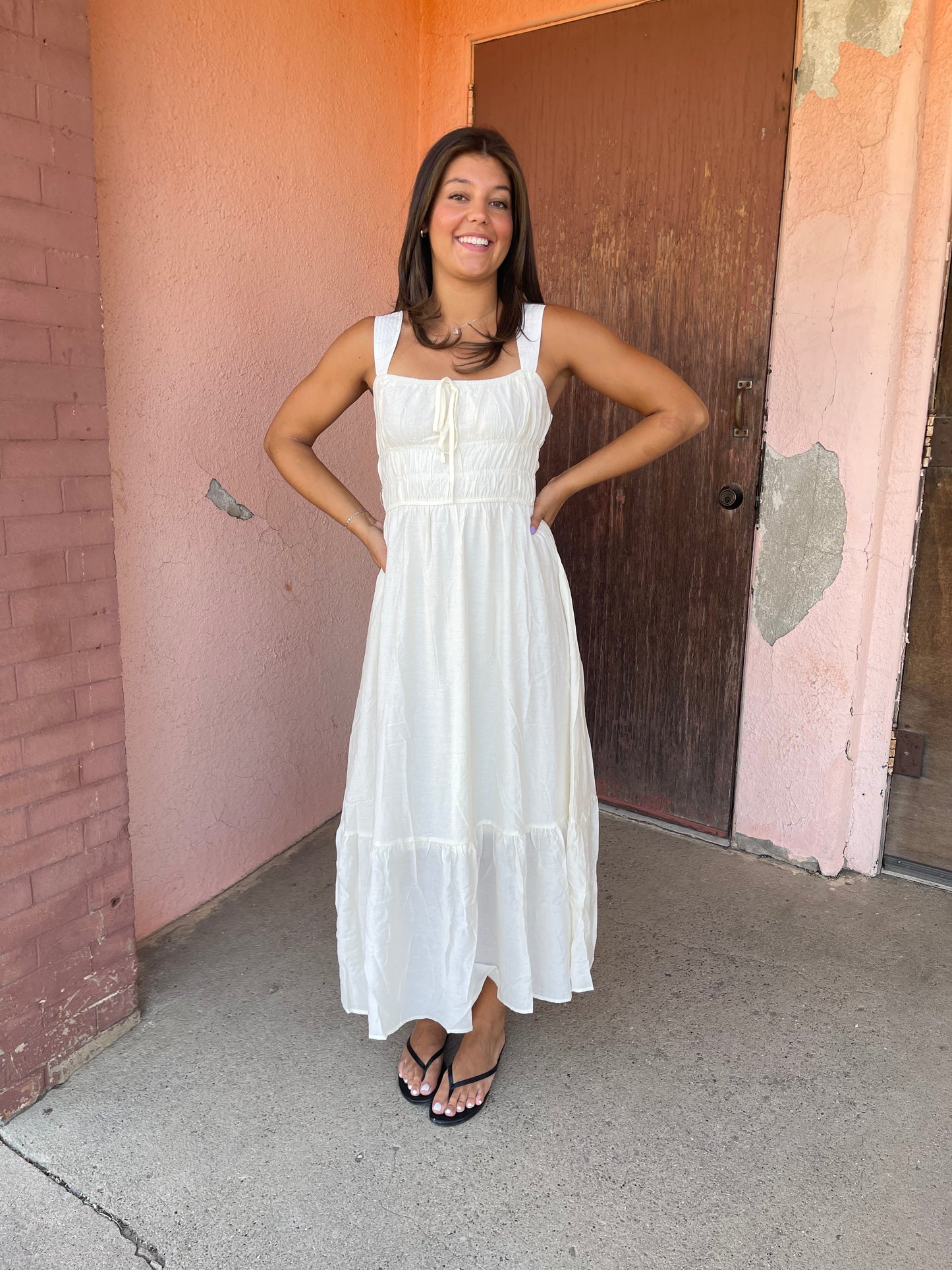 FRONT TIE SLEEVELESS SHIRRED WAIST MIDI DRESS