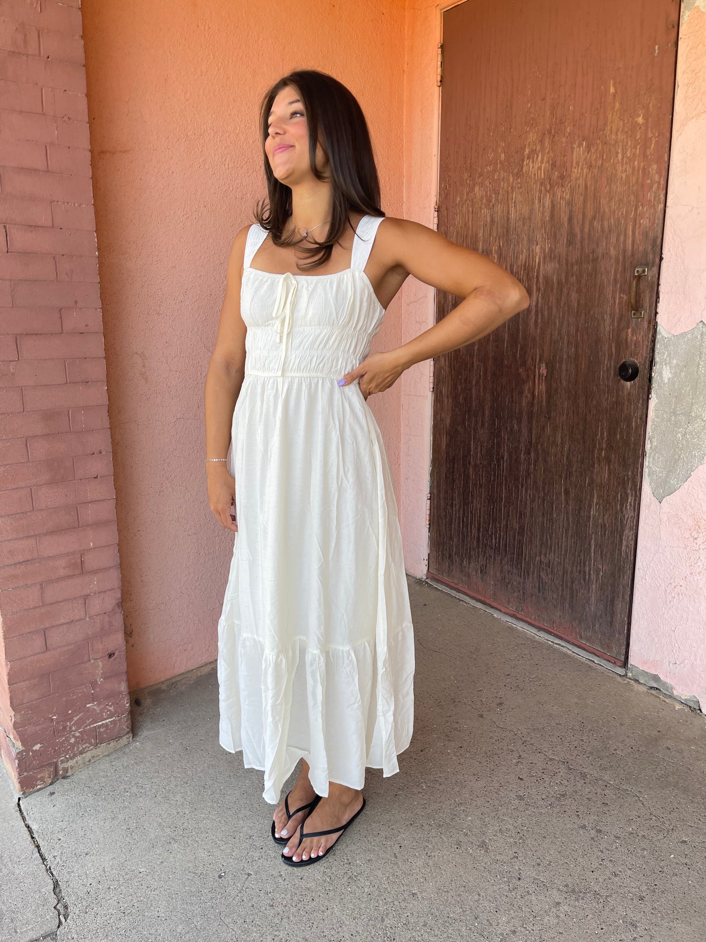 FRONT TIE SLEEVELESS SHIRRED WAIST MIDI DRESS