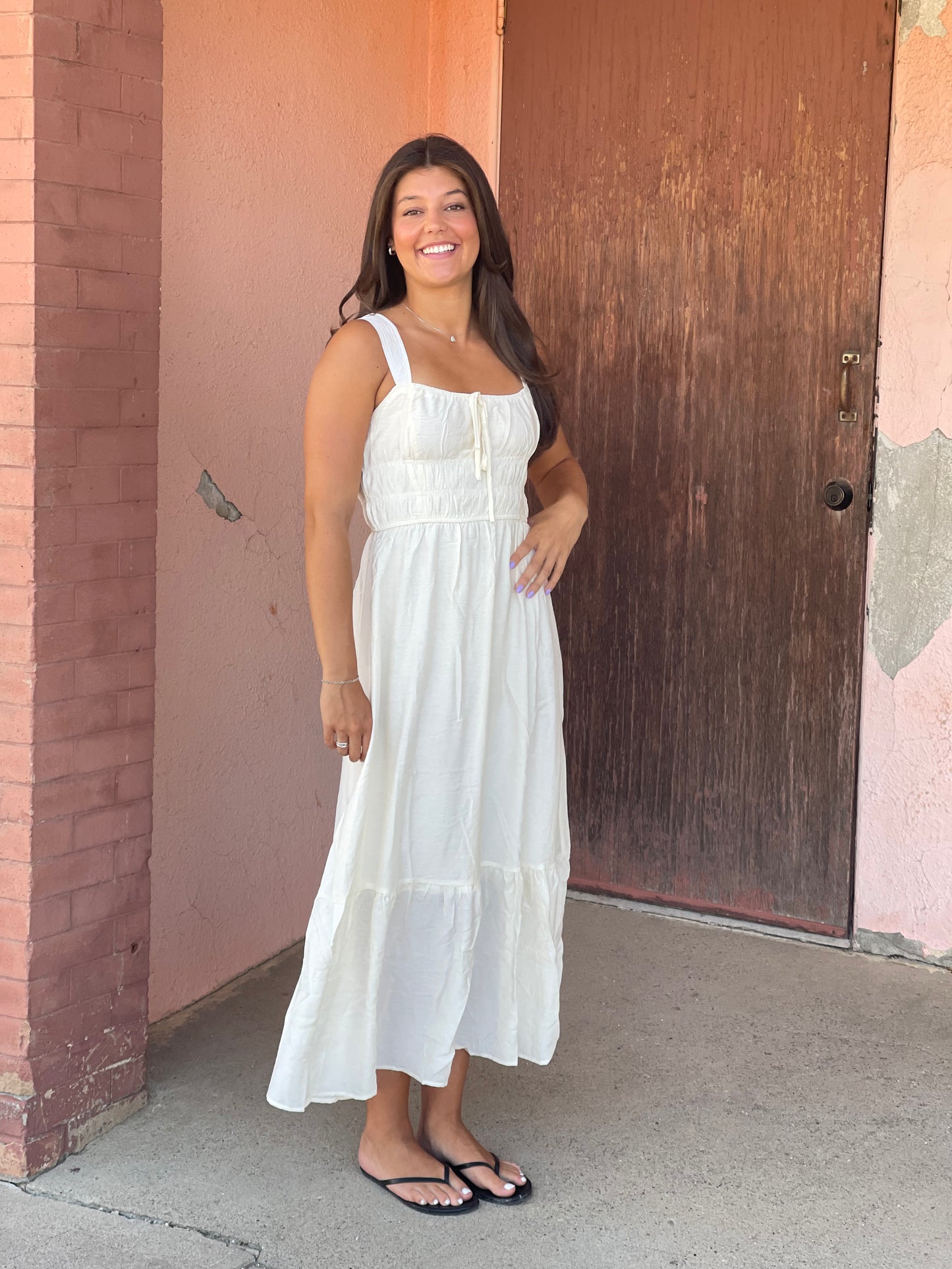 FRONT TIE SLEEVELESS SHIRRED WAIST MIDI DRESS