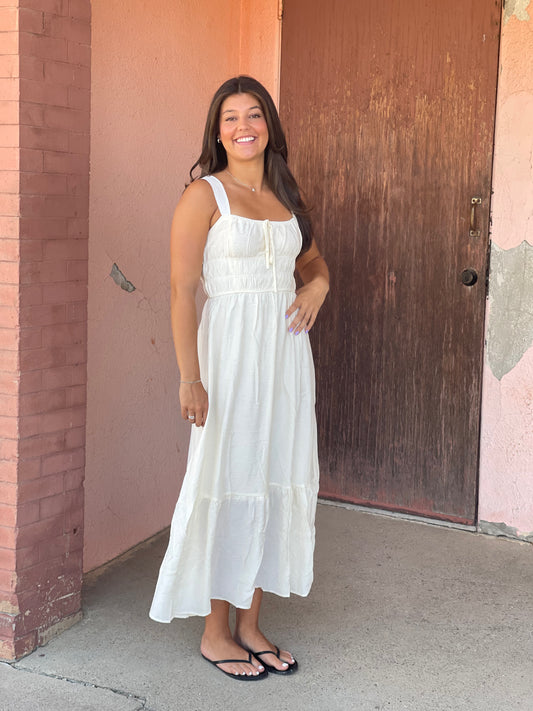 FRONT TIE SLEEVELESS SHIRRED WAIST MIDI DRESS