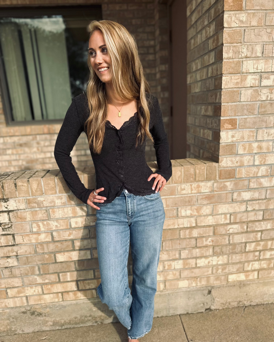 BUTTON DOWN LACE TRIMMED KNIT CARDIGAN TOP