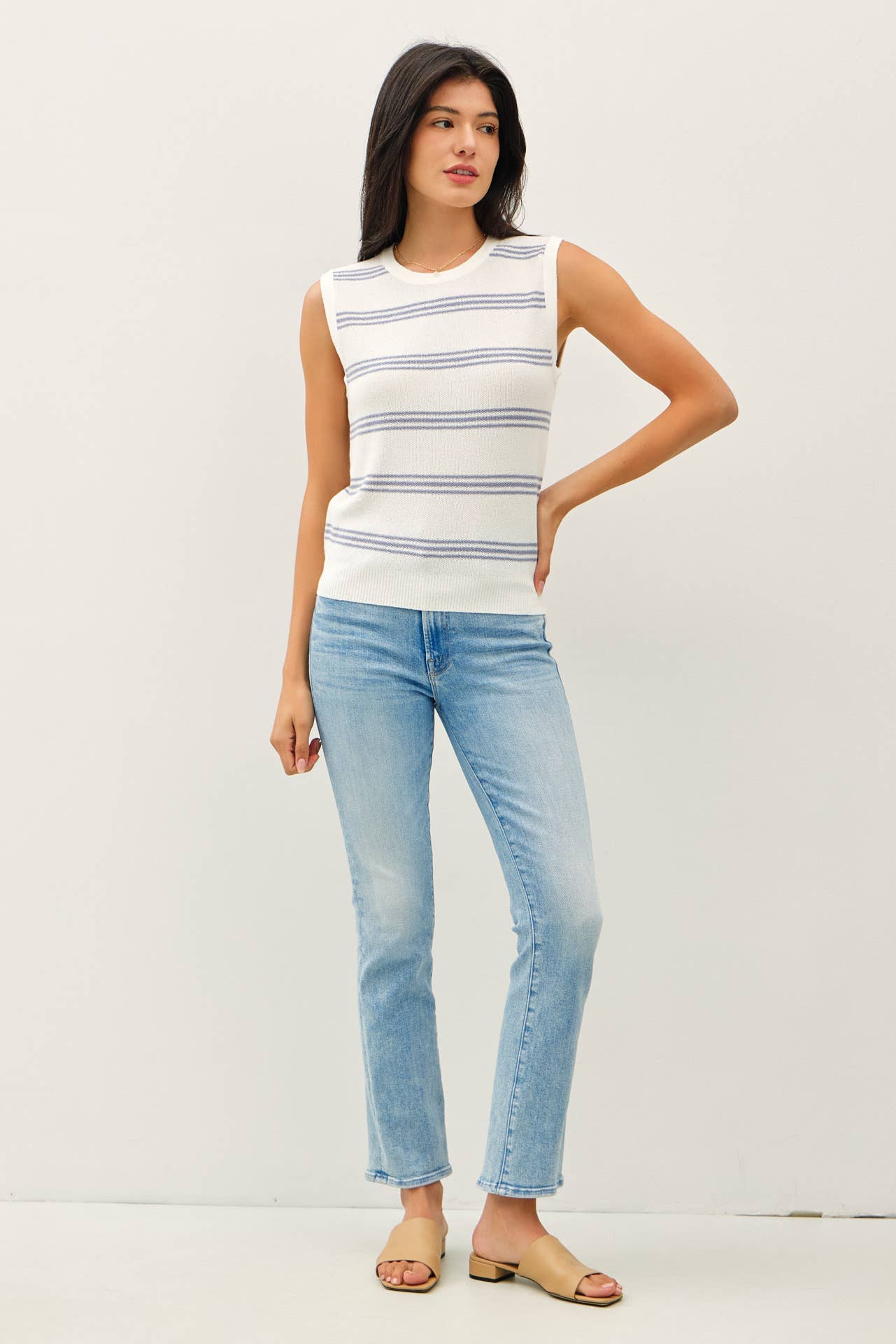 TRIPLE STRIPE SWEATER TANK: Denim