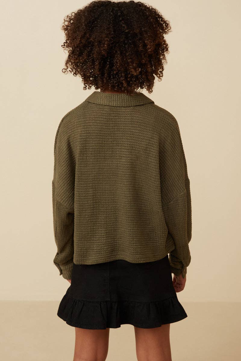 Girls Soft Waffle Knit Dolman Button Up Shirt
