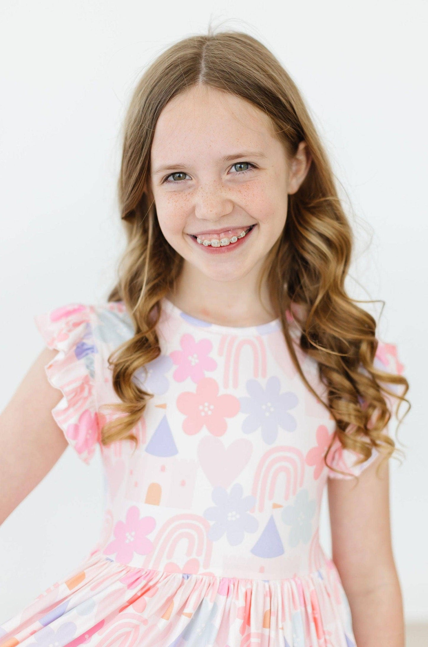 Castles & Rainbows Flutter Sleeve Twirl Dress: