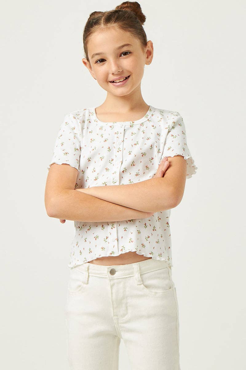 Girls Button Detail Ditsy Floral Knit T Shirt