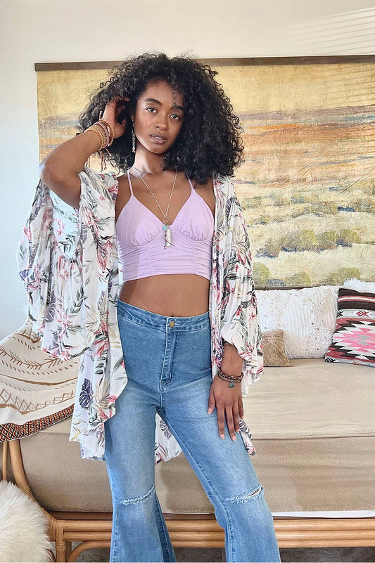 Tropical Leaves Draped Sleeve Kimono: White