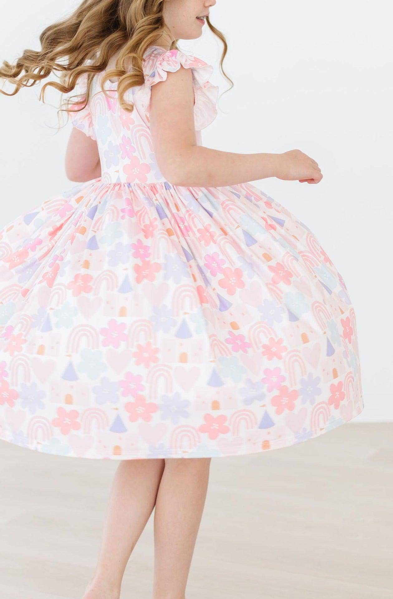 Castles & Rainbows Flutter Sleeve Twirl Dress: