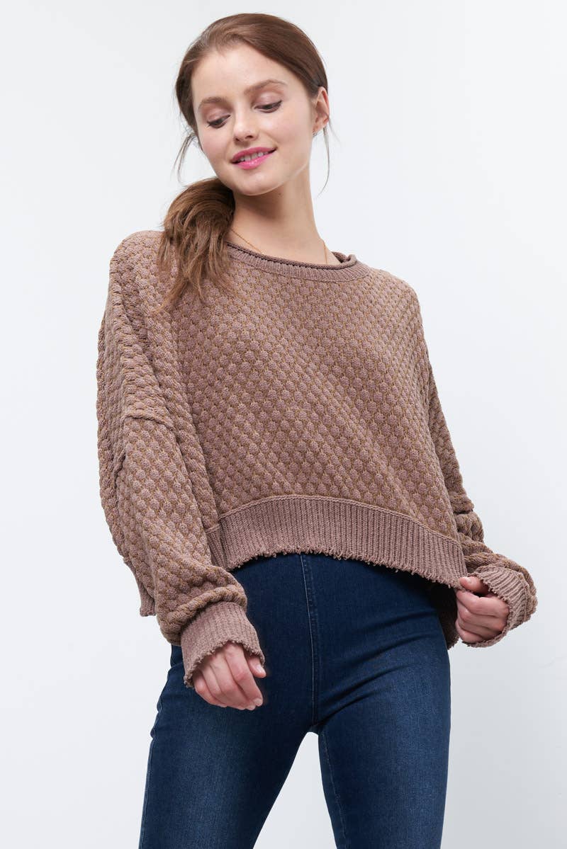 TEXTURE RIBBED SEMI CROP SWEATER