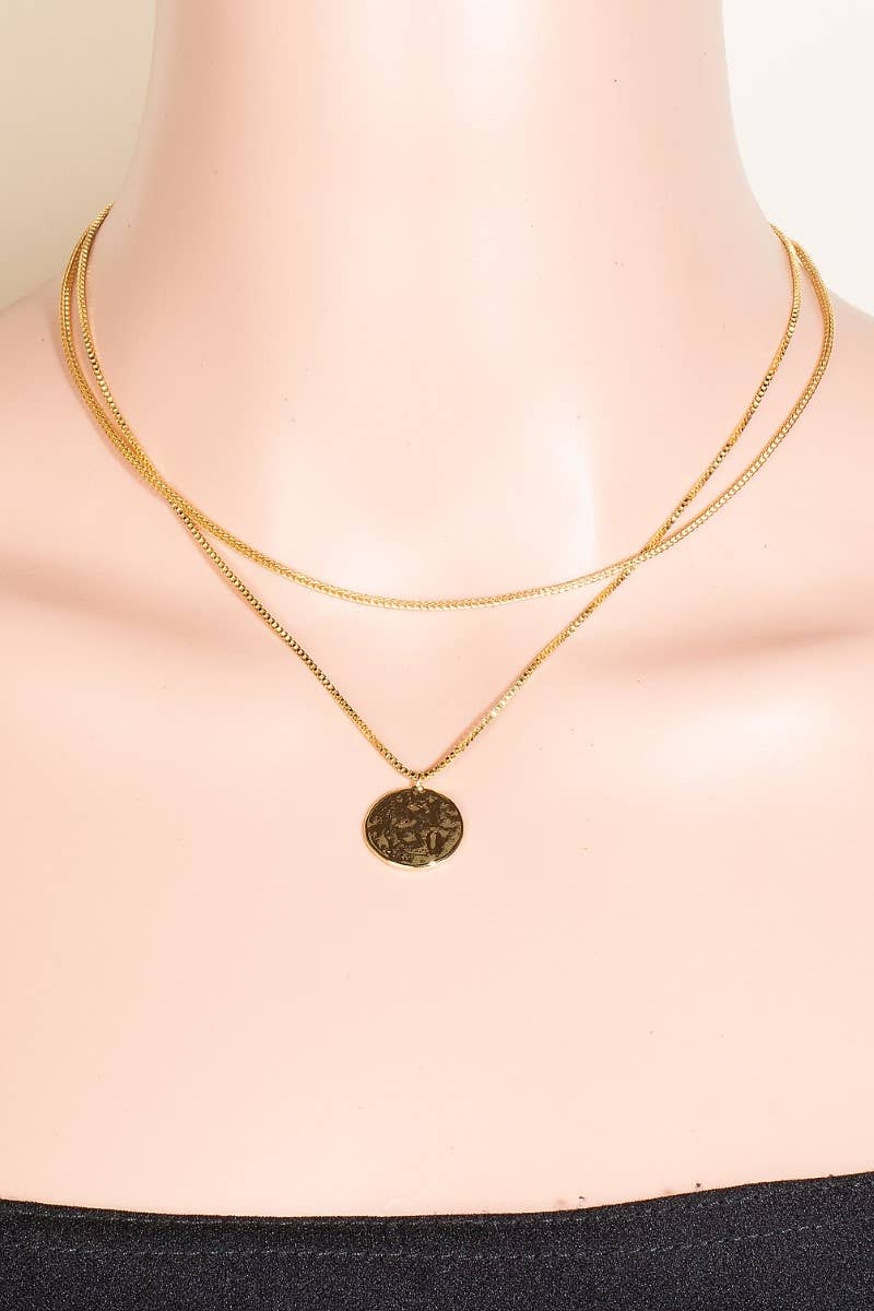 Gold Dipped Coin Pendant And Cz Charm Layered Chain Necklace: Gold