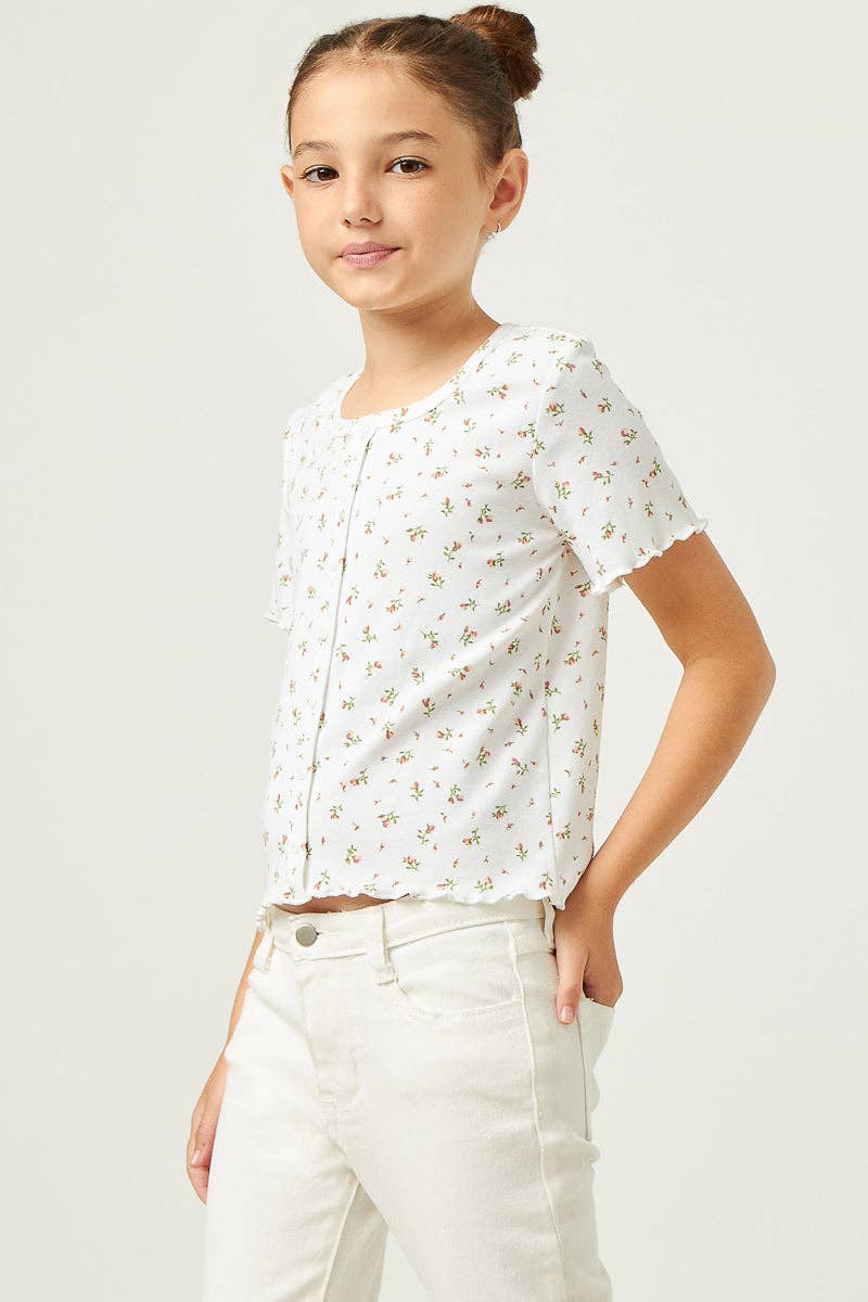 Girls Button Detail Ditsy Floral Knit T Shirt