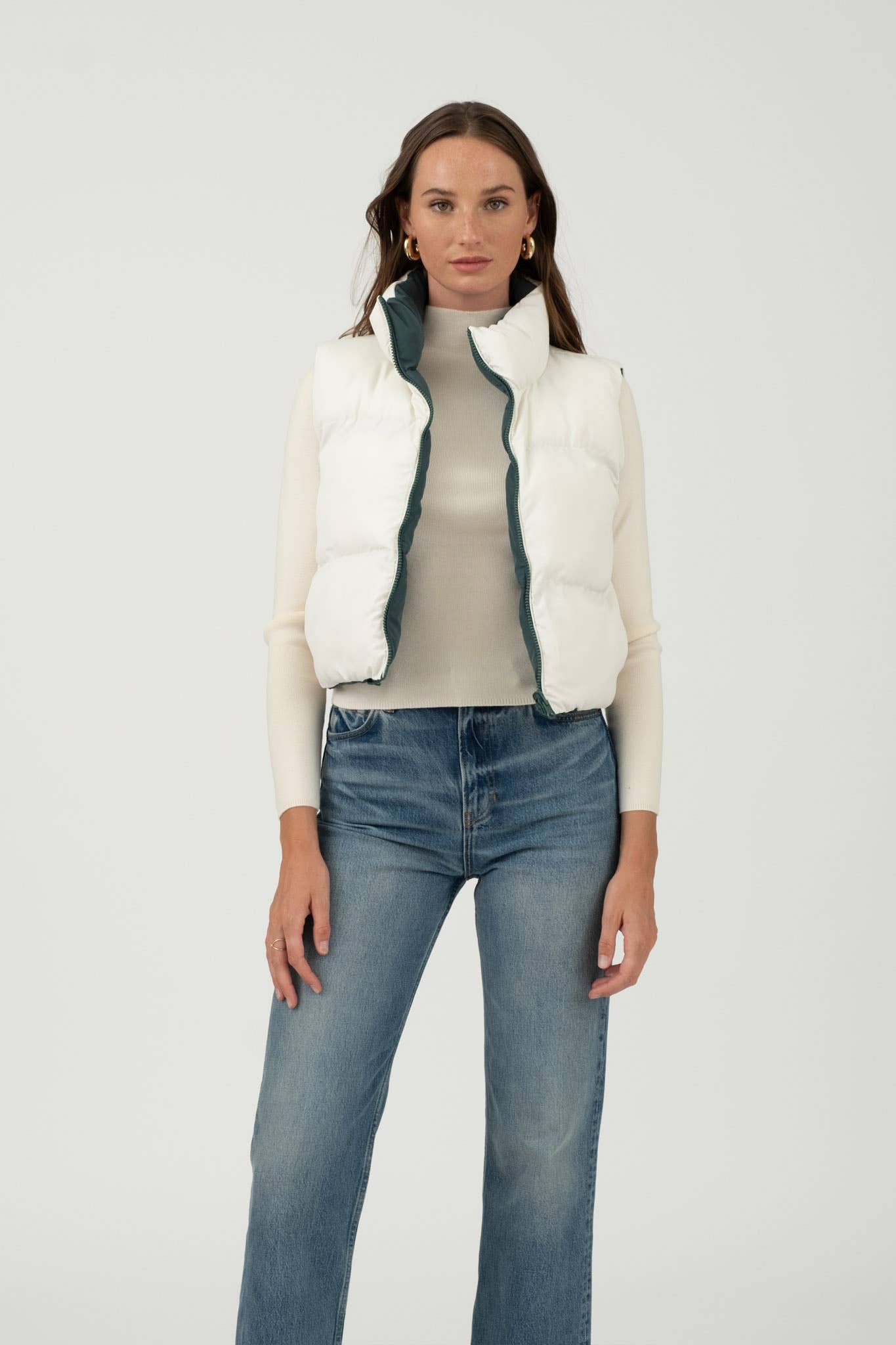 REVERSIBLE ZIP UP CROPPED PUFFER VEST