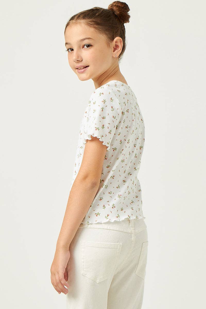 Girls Button Detail Ditsy Floral Knit T Shirt