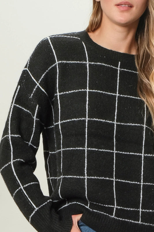 Grid Print Crew Neck Knit Pullover