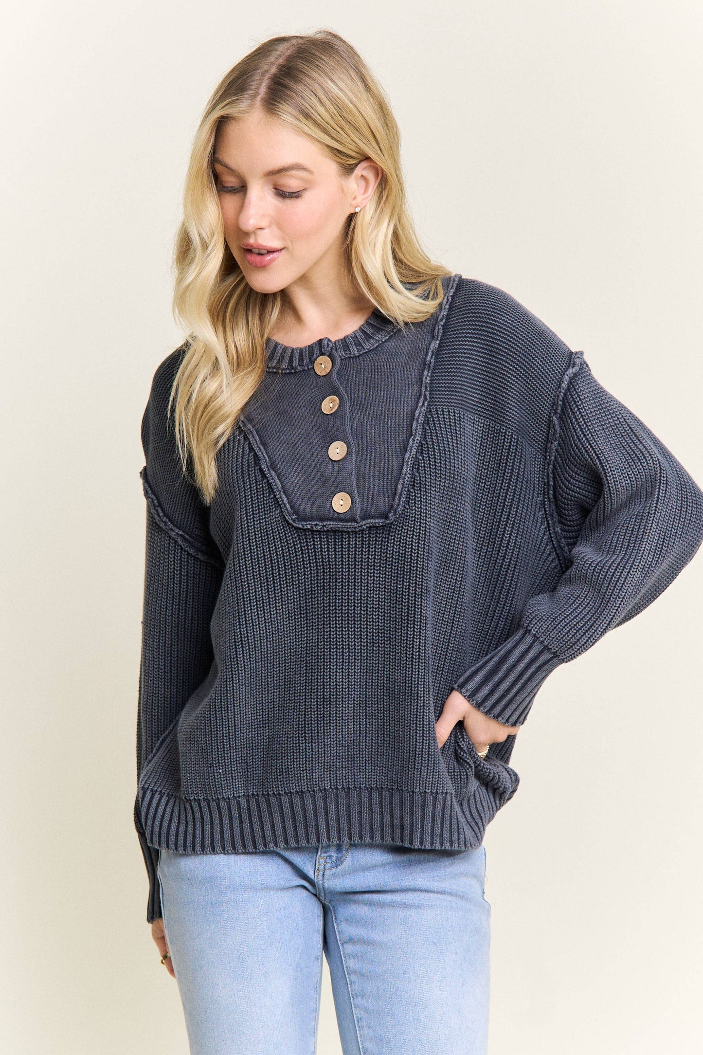 NAVY BUTTON FRONT HENLEY KNIT