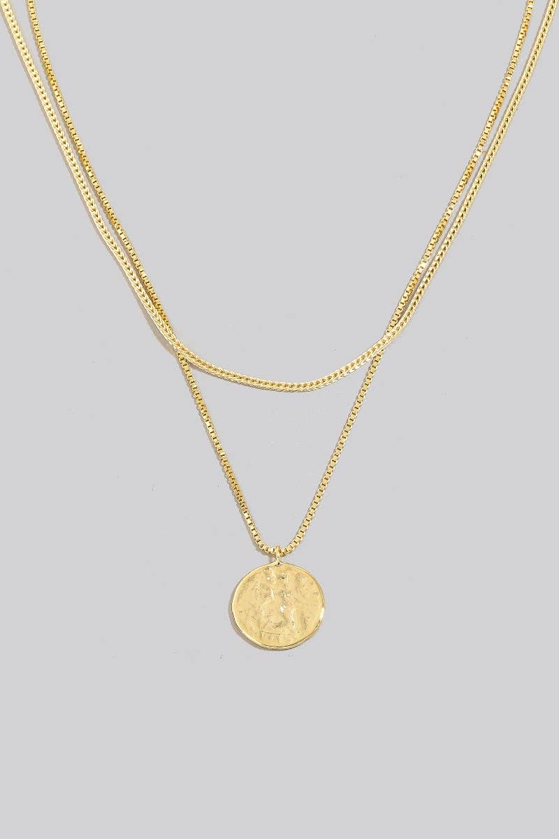 Gold Dipped Coin Pendant And Cz Charm Layered Chain Necklace: Gold