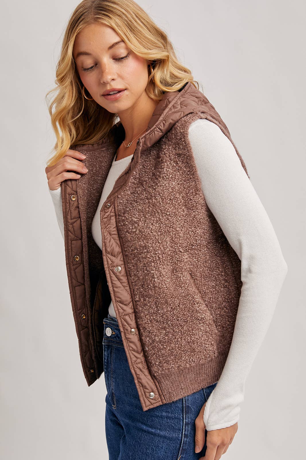 BUTTON DOWN SHERPA QUILTED HOOD VEST