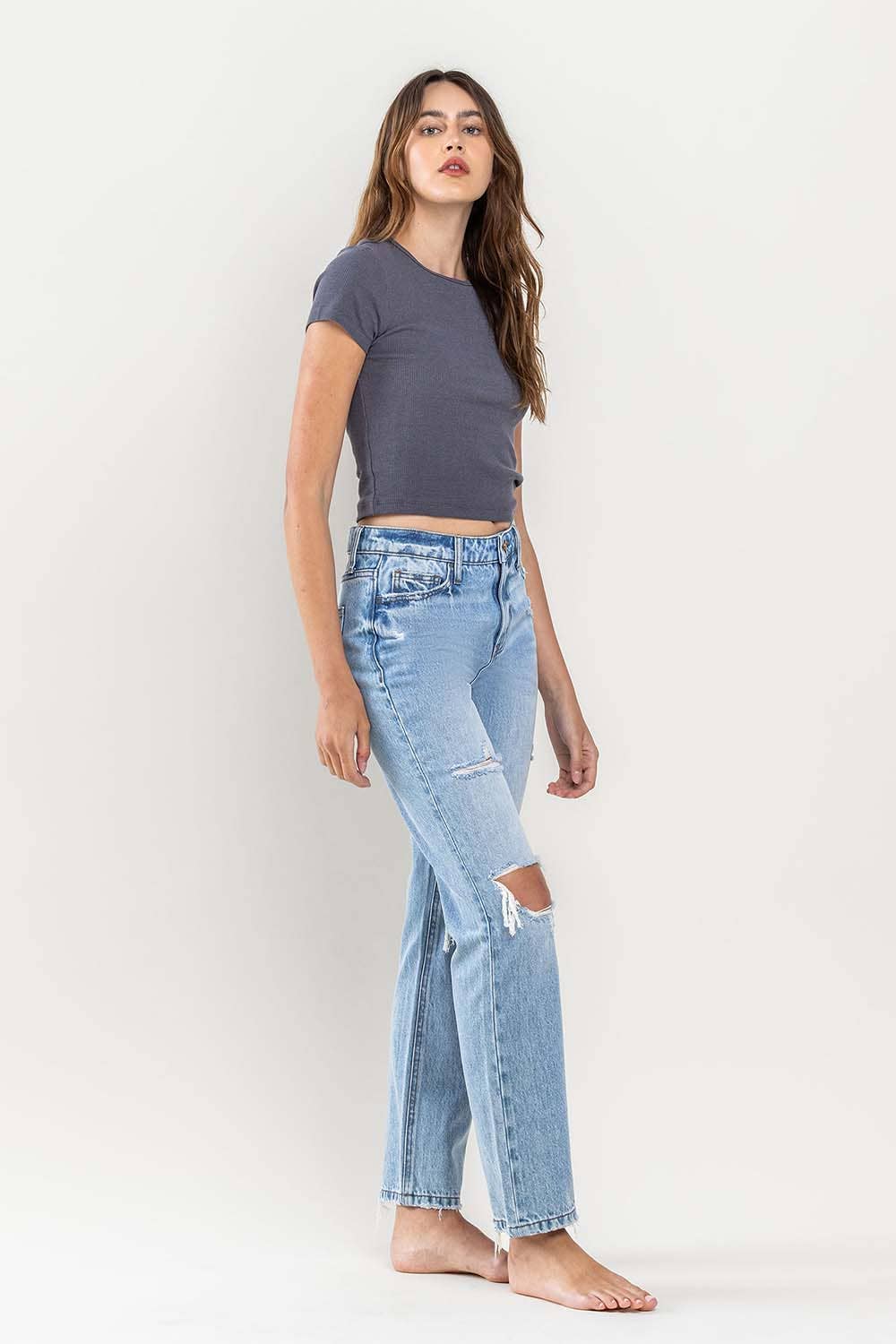 KAYLIE HIGH RISE DISTRESSED STRAIGHT JEAN