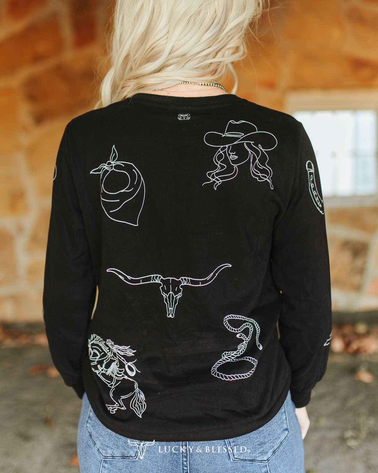 Black Western Printed Round Neck Pull Over Sweater