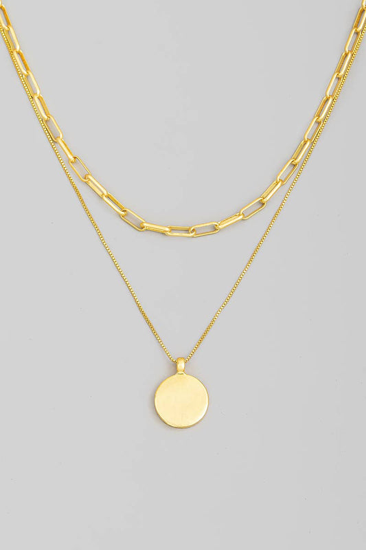 Gold Dipped Coin Pendant Layered Chain Link Necklace