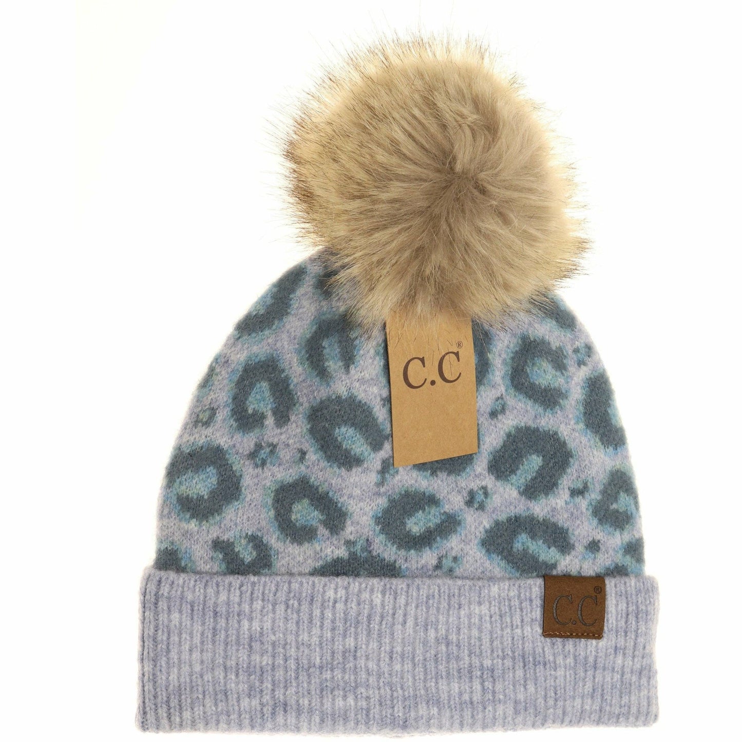 Leopard Pattern Faux Fur Pom Beanie