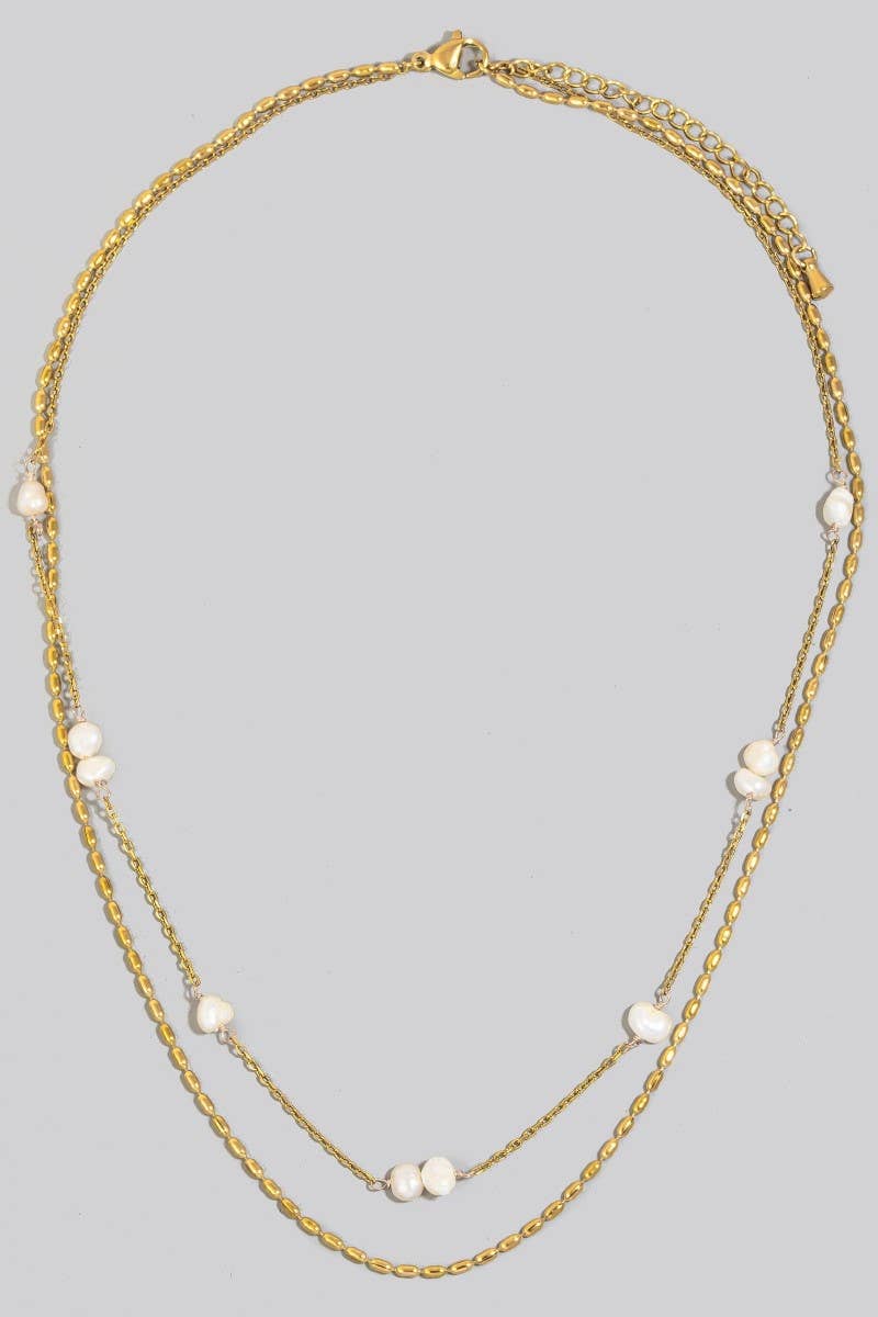 Pearl Station Charms Layered Stainless Steel Chain Necklace: GDCRM